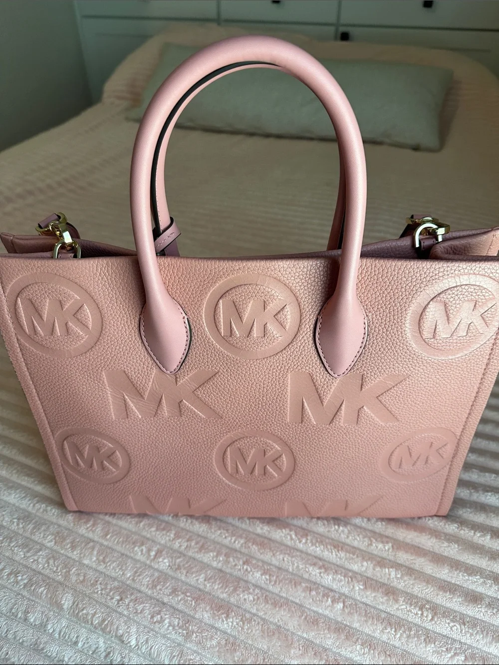 Michael Kors Pink Embossed MK Satchel with Logo Strap